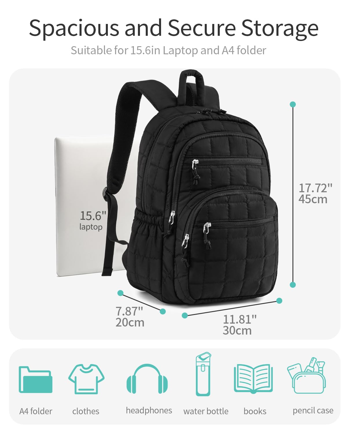 Bookbag for Women, Teen Girls Backpack for High School College Student, Puffer Quilted Back Pack Cute Laptop Backpack for Work Travel Mom Casual Daypack, Black