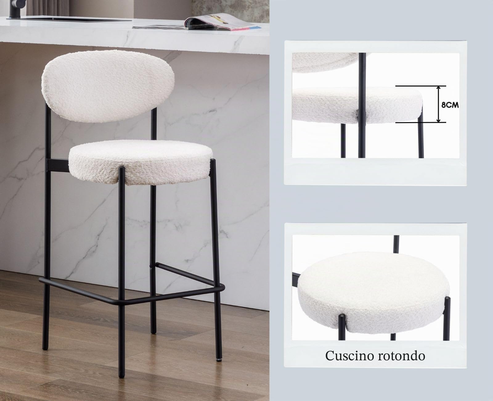 chairus Cucina Sgabelli da Bar Set di 2 Sala da Pranzo Pelliccia Sintetica Sgabello da Tavolo con Gambe in Metallo (Bianco)