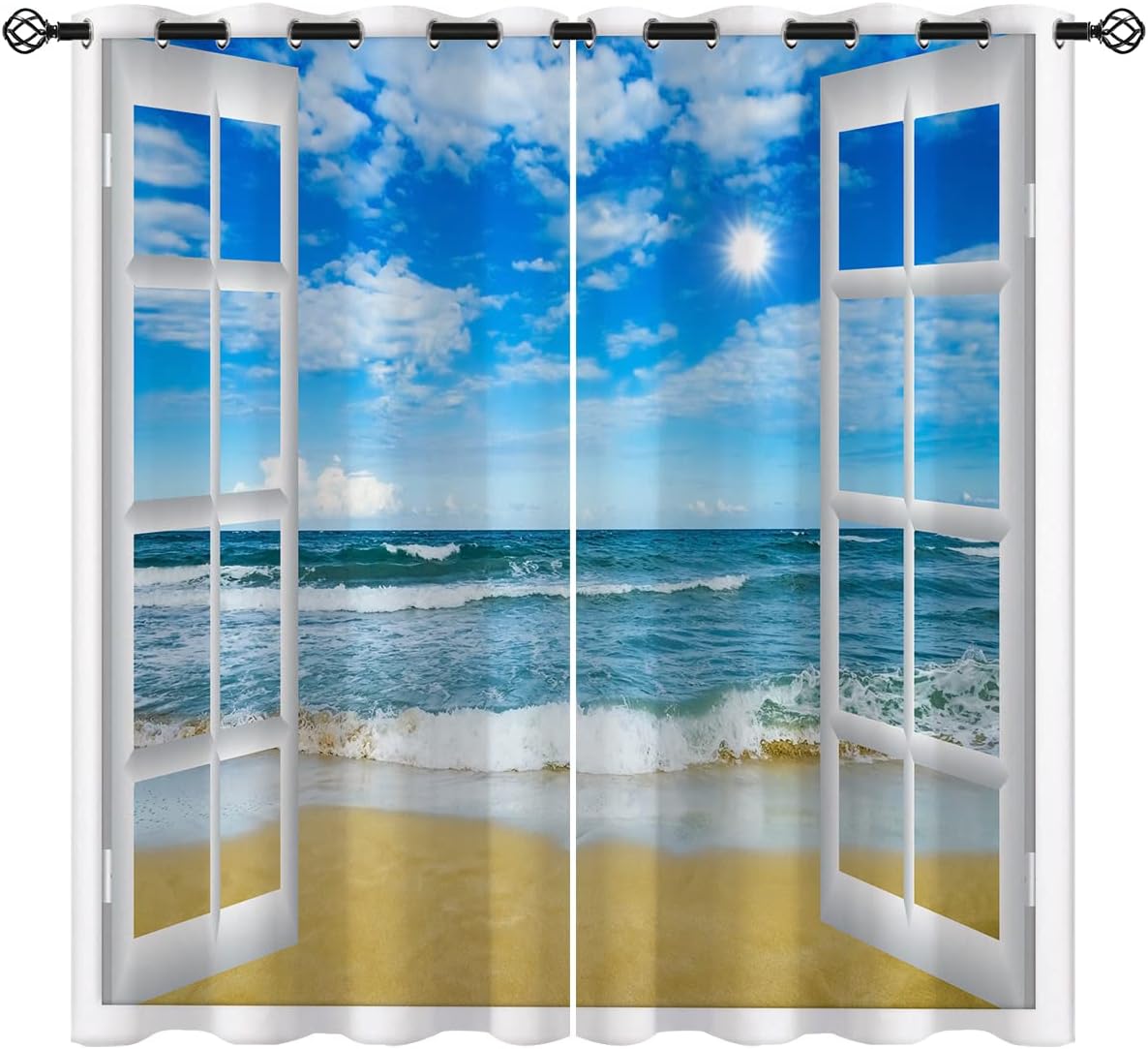 Beach Ocean Blackout Curtains for Girls Boy Home Decor, Coastal Wave Seaside Scenic Tropical Sea Grommet Thermal Insulated Drapes Darkening Window Curtain for Bedroom Living Room, 42 x 63 Inch