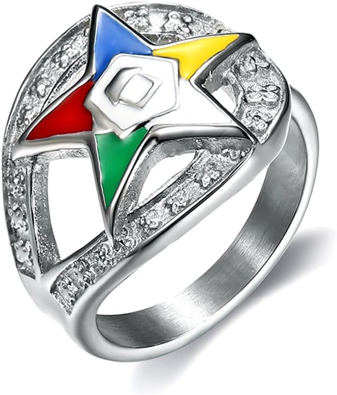 Order of The Eastern Star Ring - Silver Stainless Steel Color Looped Band with OES Symbol. Masonic Rings/OES Jewelry Size (9)