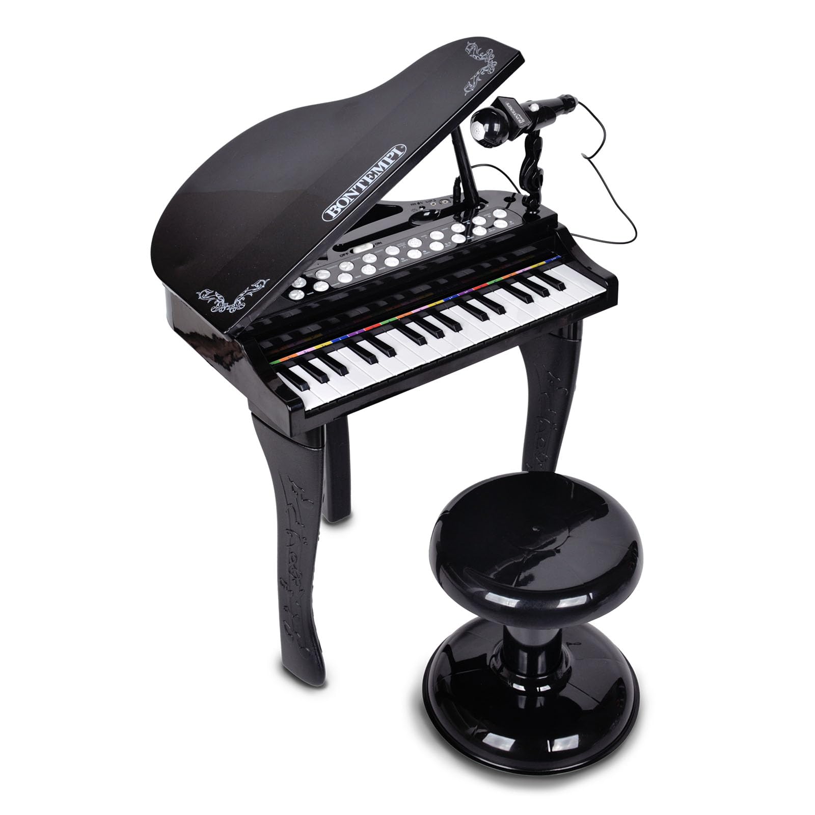 BONTEMPI - Klawiatura z nogami fortepianu koncertowego Elektroniczny fortepian 32-klawiszowy z mikrofonem i stołkiem Efekty świetlne 5 dźwięków 4 rytmy 19 utworów
