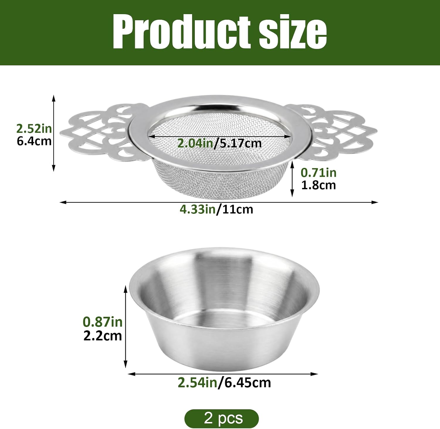 2 Pack Fine Mesh Tea Strainers with Bowls, Stainless Steel Loose Tea Infuser Strainers for 2.5-4 Inch Cup Mouth, Filters with Double Wing Handle Extender Ideal for Loose Tea Juice Coffee Filter