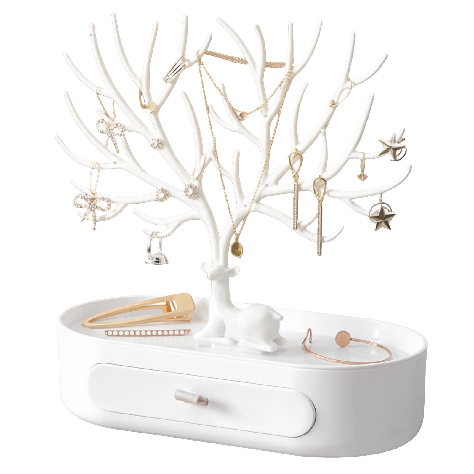 Hiuyavy Antler Jewellery Stand, Antler Jewellery Organiser Stand with Drawer, White Plastic 3-in-1 Antlers Jewellery Display Stand for Necklaces, Bracelets, Rings and Earrings