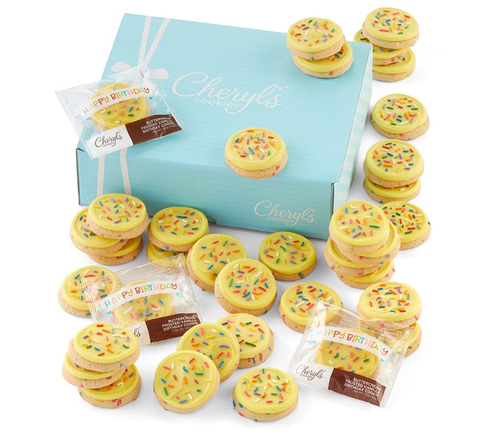 Cheryl's Cookies® Birthday Cake Cookie Gift Box, Fresh & Gourmet Birthday Party Cookie Gift Basket For Delivery, Bulk Individually Wrapped Dessert for Friends & Loved Ones - Vanilla Cake Flavored