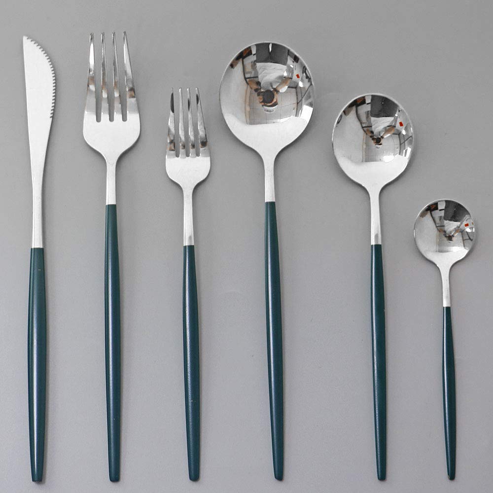 Puzhler Shiny Silver Silverware Set with Green Handle, 6-Piece Stainless Steel Flatware Set, Kitchen Utensil Set Service for 1, Cutlery Set for Home and Party, Mirror Finish (green handle + Silver)