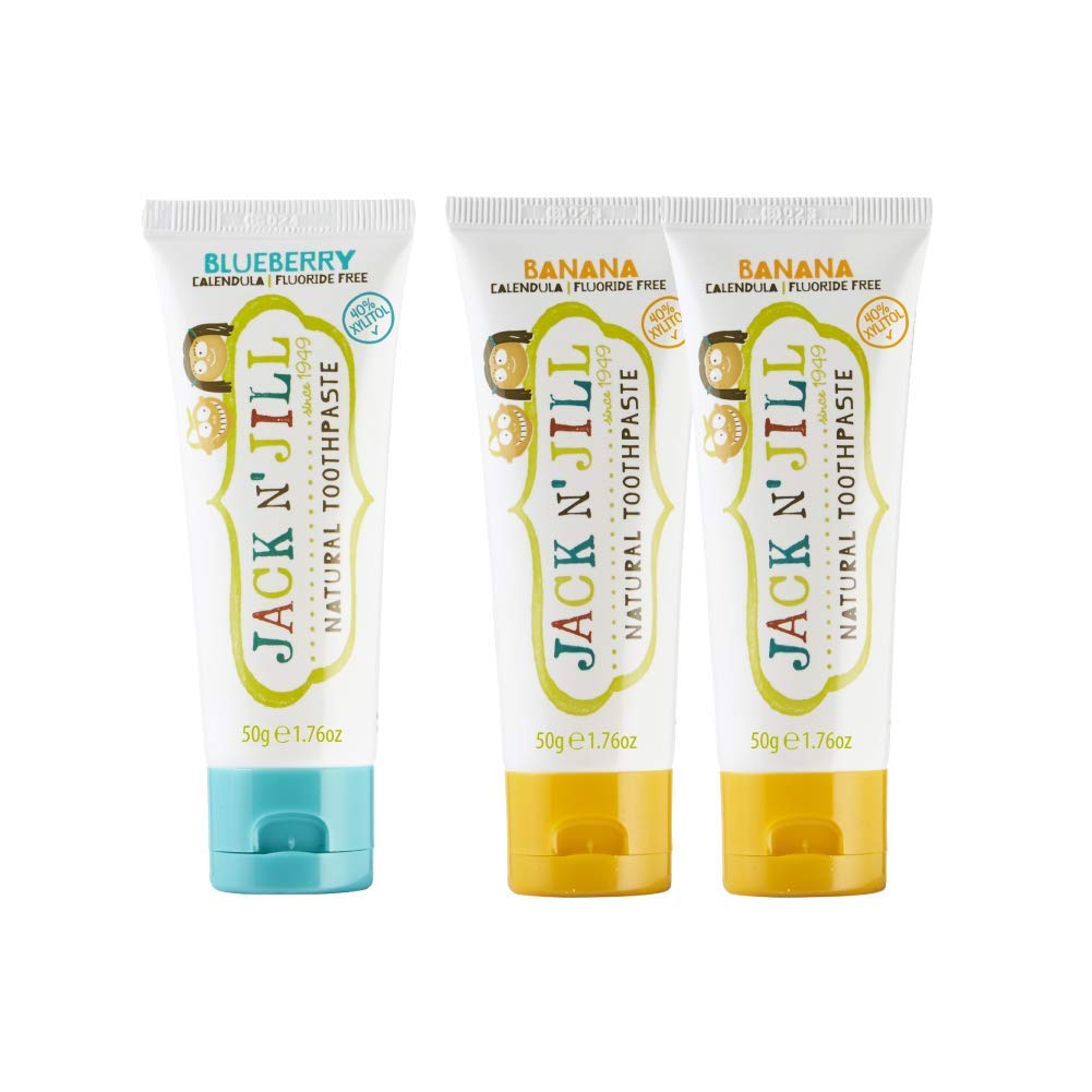 Jack N' Jill Kids Natural Toothpaste, Made With Natural Ingredients, Helps Soothe Gums & Fight Tooth Decay, Suitable From 6 Months+ - 2 x Banana & 1 x Blueberry Flavour Bundle 50g