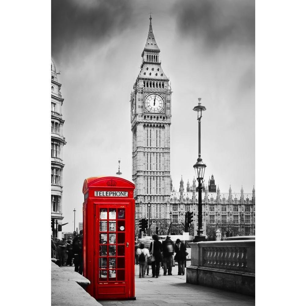 Pitaara Box Red Telephone Booth & Big Ben In London, UK D1 | Canvas Painting for Bedroom & Living Room | Engineered Wood Frame | 18 x 27 inch (46 x 69 cms)