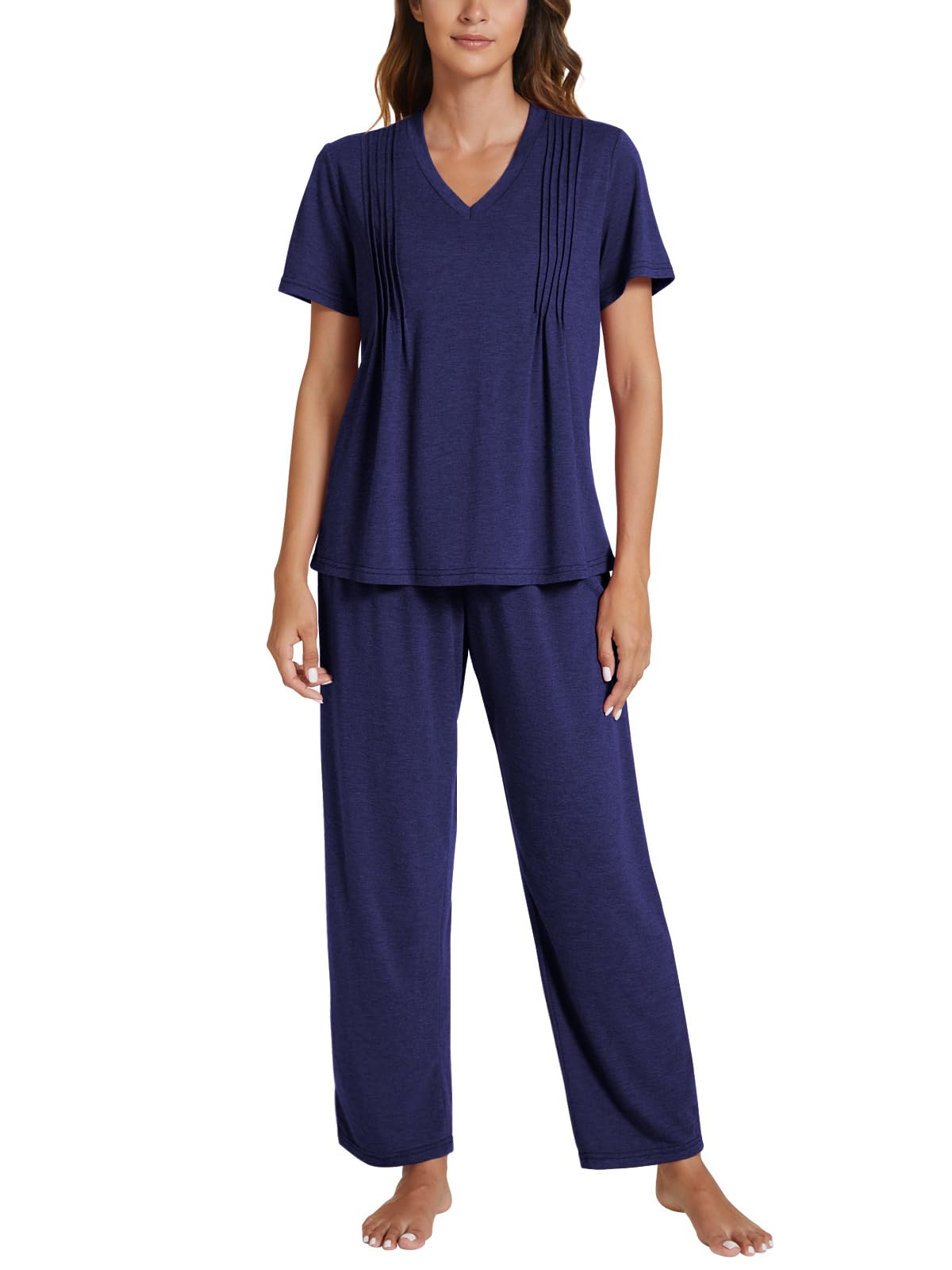 POKWAI Soft Pajamas for Women Sets Comfy Short Sleeve Tops and Pants Pajama Set 2 Piece Pjs Sleepwear