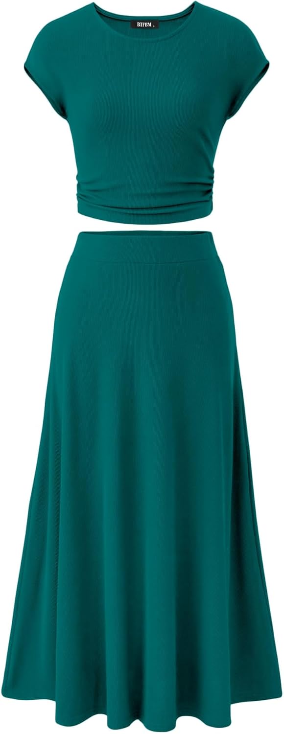 BTFBM Women Two Piece Skirt Set Summer 2025 Casual Vacation Crew Neck Short Sleeve Cropped Top Elastic Waist Midi Skirts