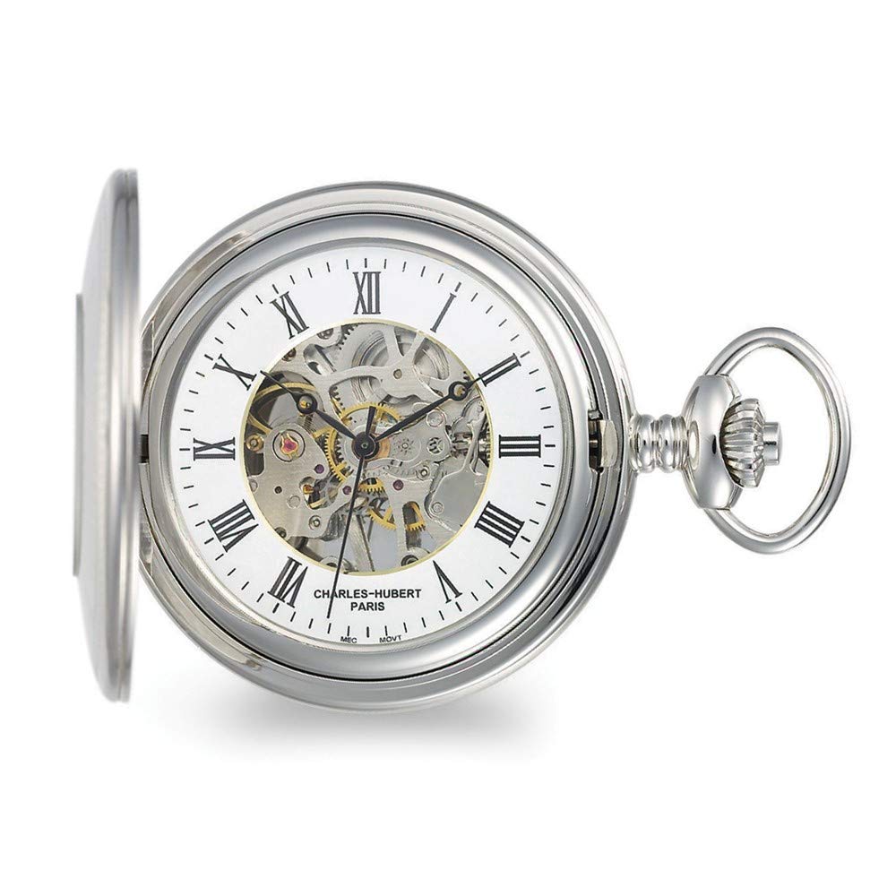 Sonia Jewels Charles Hubert Stainless Oval Engraving Area Skeleton Pocket Watch 14.5