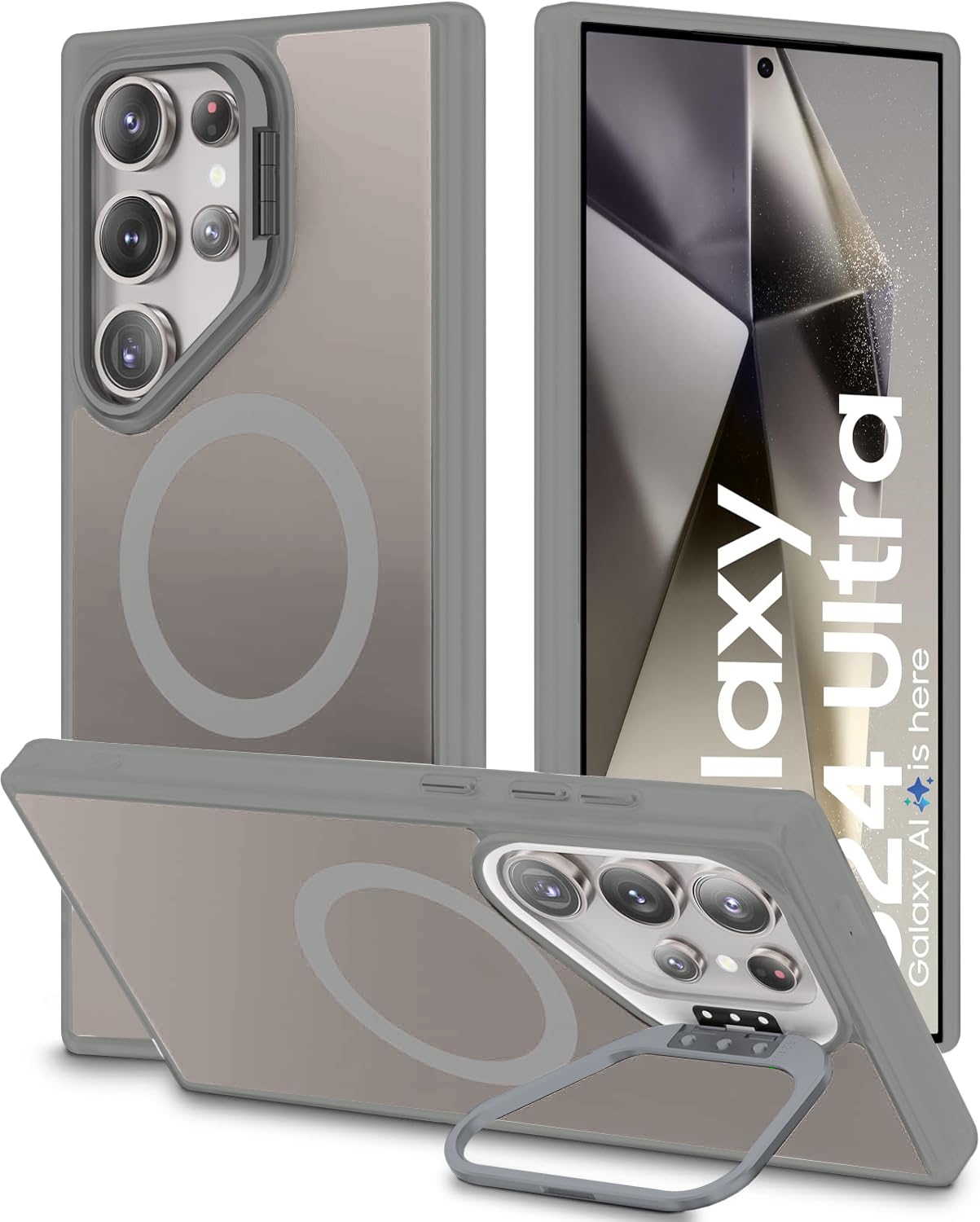 DIZORO Samsung Galaxy S24 Ultra Case Compatible with Mag Safe & Wireless Charging, with Camera Stand, Military Grade Drop Tested,Translucent Hard Back Soft Edge Back Cover (Titanium)-image-48