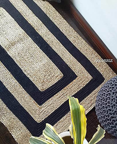 Image of Jute Braided Natural Hand Woven & Reversible Rug for Living Room Kitchen Entryway, Farmhouse Rustic Burlap Carpet Floor Mat (Blackjute, 2X8-feet)