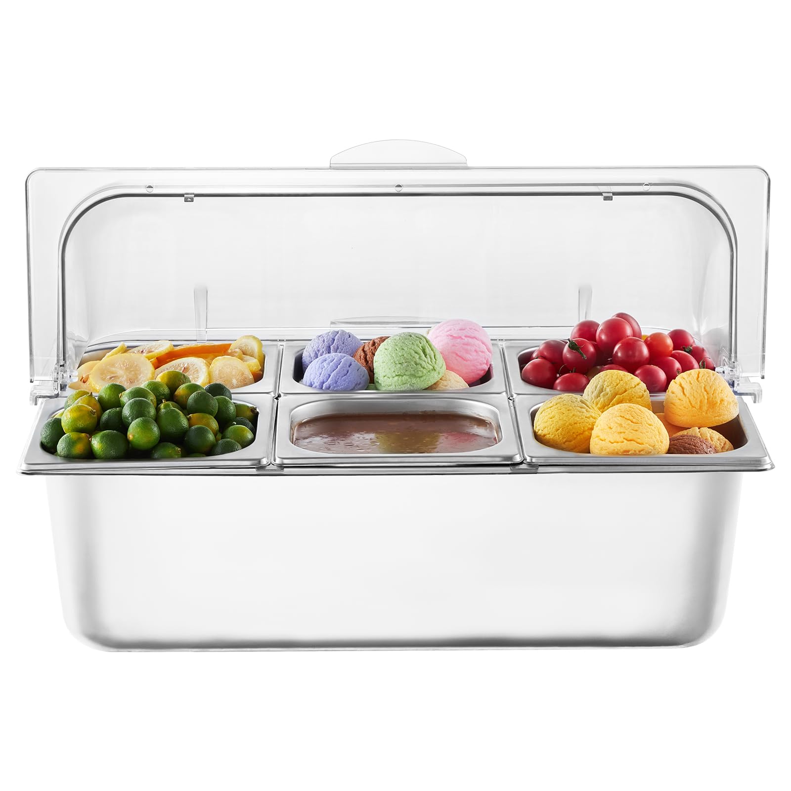 VEVOR Saladette Réfrigérée à Poser avec 6 Plateaux en Acier Inoxydable, Vitrine Réfrigérée Comptoir avec Couvercle Transparent et 3 Bacs à Glaçons, pour Buffert Restaurant Hôtel Cuisine Fête