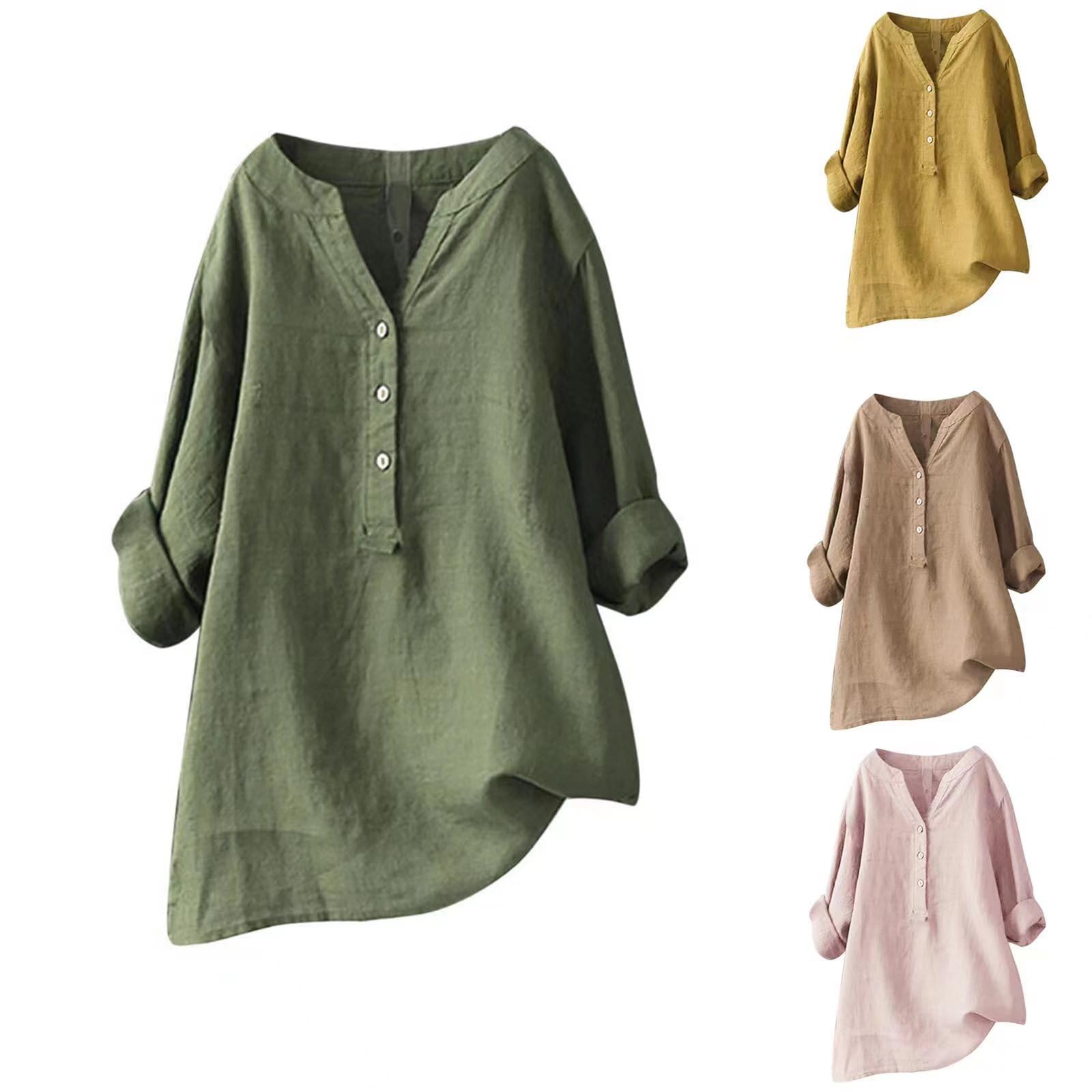 2PCS Cotton Linen Tops for Women 3/4 Sleeve Loose Fit Shirts Fashion Casual Solid Color V Neck Blouses Summer Tops