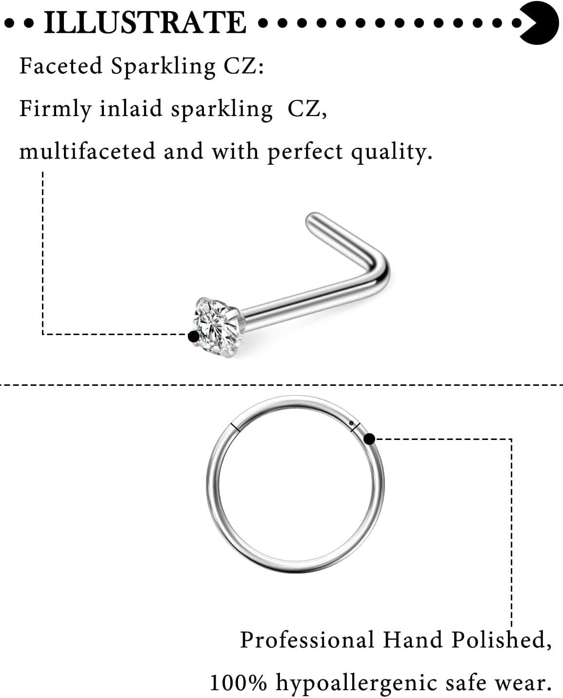 Hoeudjo Hinged Nose Rings Hoop Surgical Steel Cubic Zirconia Nose Studs Kit for Women Men Tiny Nose Stud L Shaped Nostril Rings Piercing Jewelry 20-18 Gauge 10 Pieces - Image 3