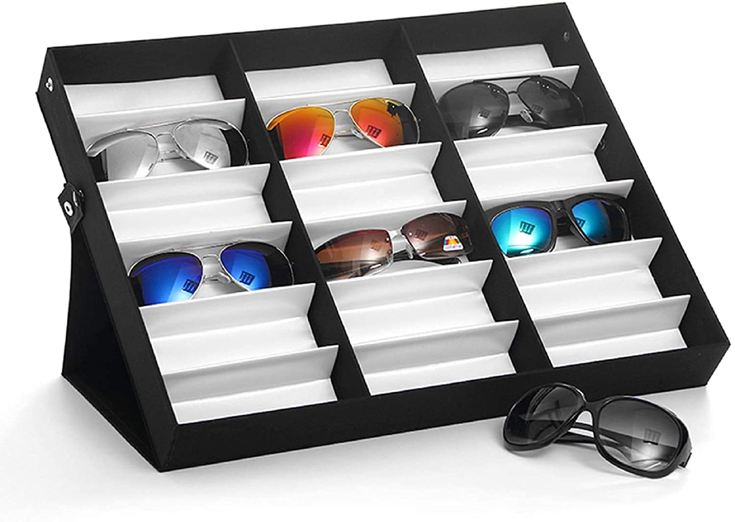 Trintion 18 Slots Sunglass Storage Case Glasses Display Case Portable Eyeglass Box Dust Proof Glasses Storage Box with Cover Holder Tray Organizer Box Jewelry Display Collection Box 47x38x6.5cm