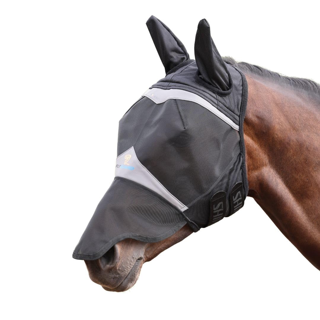 Shires FlyGuard Pro Fine Mesh Fly Mask with Ears & Nose – XXF Size | Lightweight Breathable Mesh Fly & Insect Protection | Secure Fit for Turnout, Grazing & Stable Use | Jet Colour
