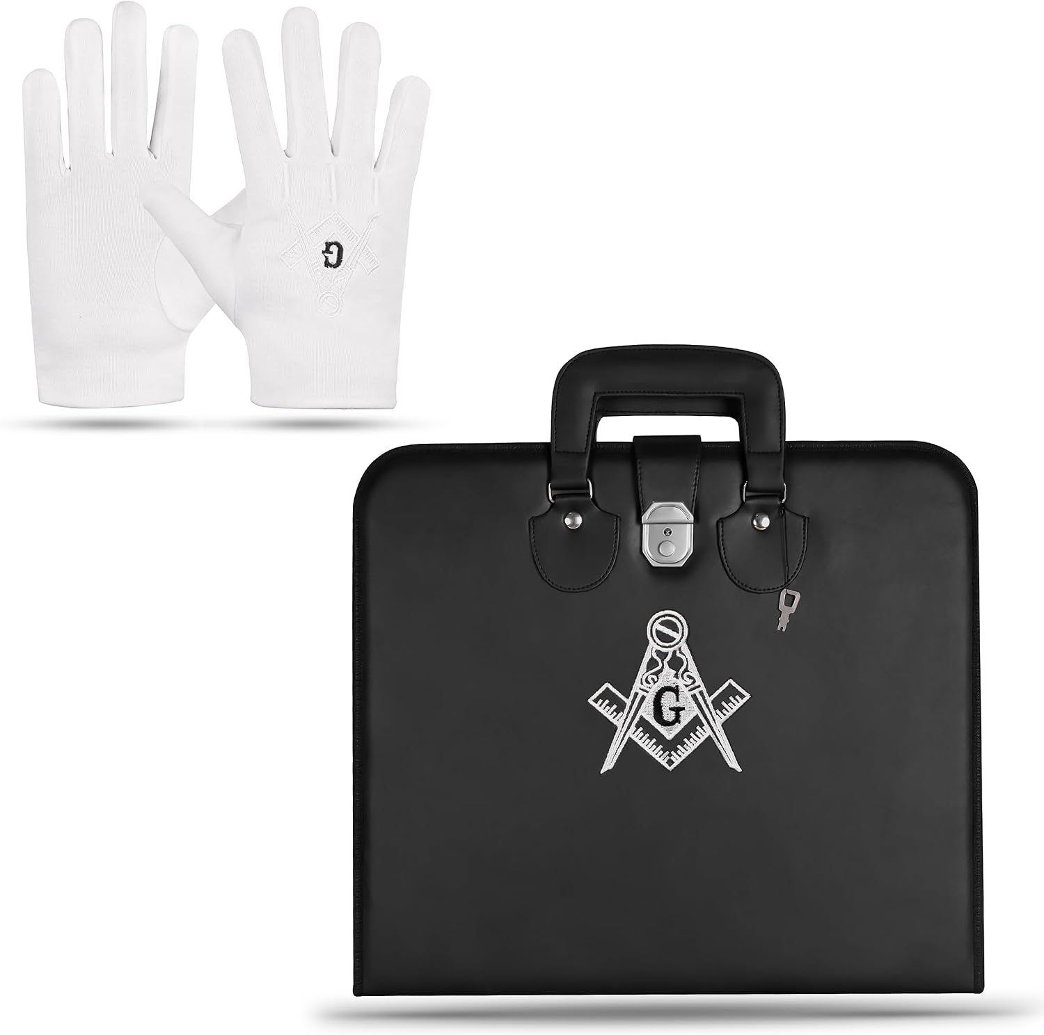 Masonic Regalia Blue Lodge Master Mason Full Dress Apron Case with Embroidered Square & Compass G Logo Includes Matching Large Size White Gloves