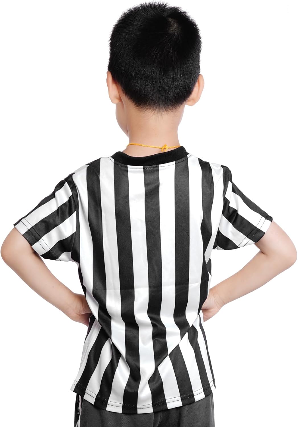 obmwang Kids Referee Shirt Costume, Black and White Stripe V Neck Referee Shirt, Yellow Penalty Flag and Whistle - Image 6