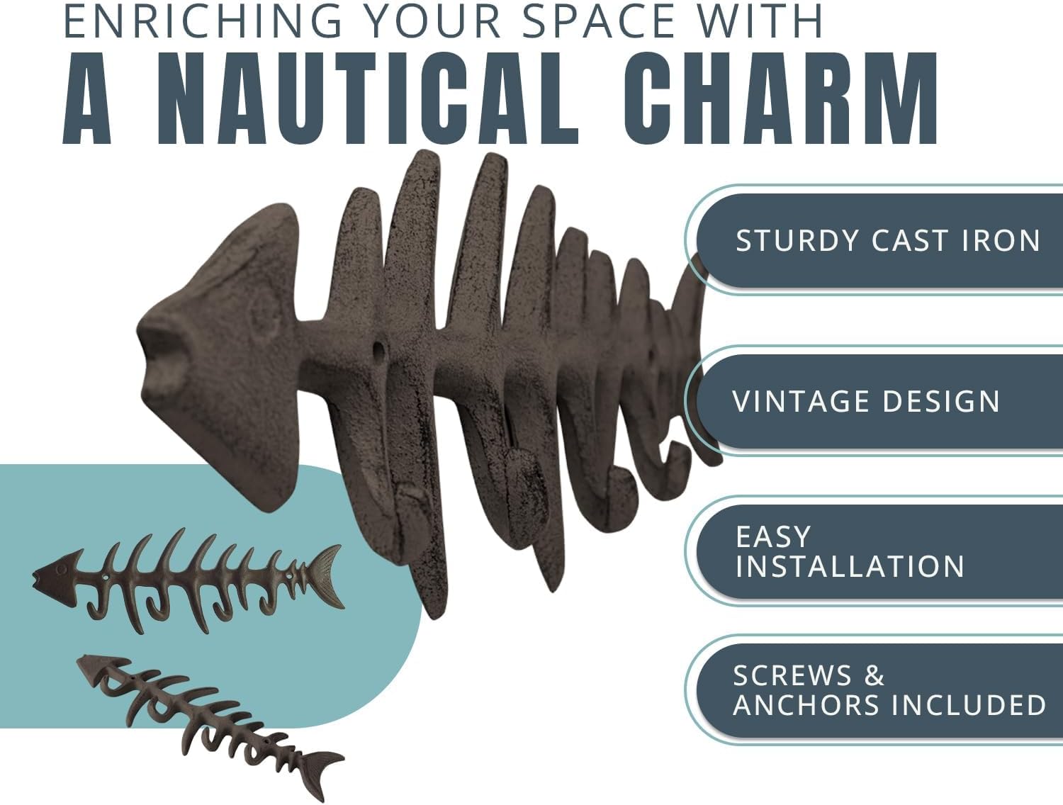 Comfify Fish Bones Wall Mounted Towel Rack – Stylish Cast Iron Hanger with 4 Hooks for Towels, Robes, and More – Includes Screws and Anchors – Brown - Image 2