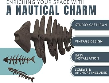 Comfify Decorative Fish Bones Wall Mount Towel Rack Stylish Cast Iron Hanger w/ 4