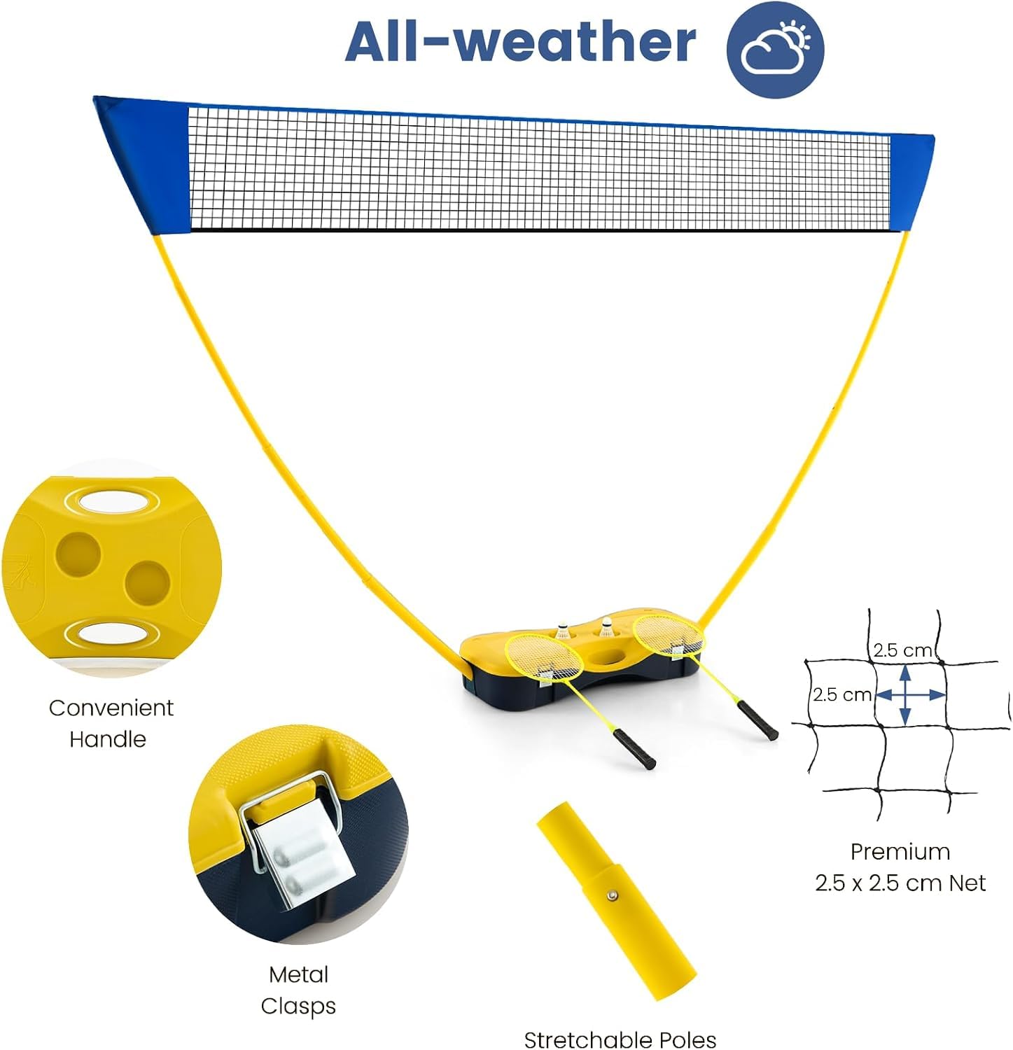 Tragbares Badminton-Set, Faltbares Badmintonnetz | Mit Freistehendem Ständer, 2 Badmintonschlägern, 2 Federbällen, Für Indoor- Und Outdoor-Spiele Yellow 270 X 33.5 X 160 cm