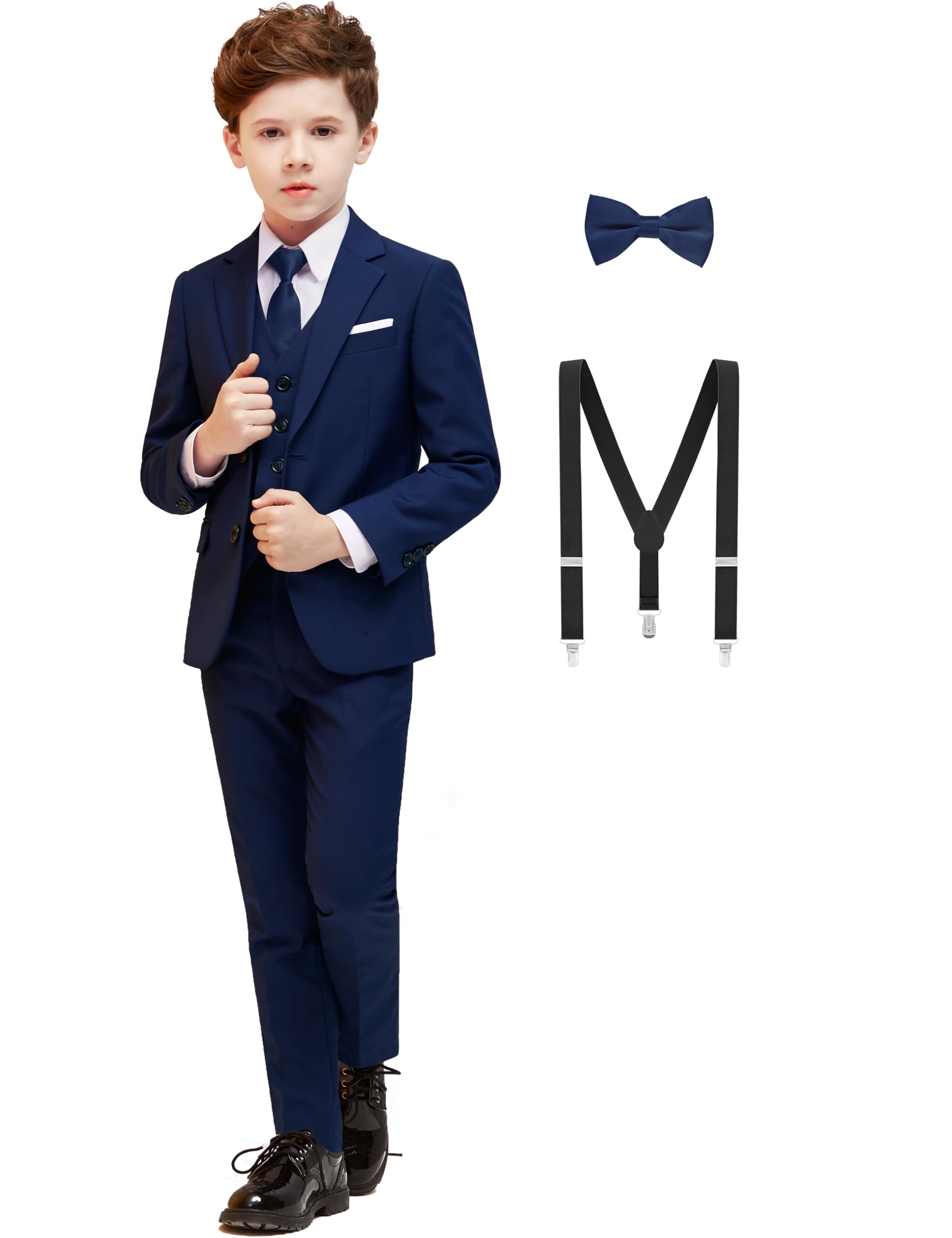 Amazingkitty Boys' Formal Dresswear Suits Set, with Suspenders, Adjustable Waist