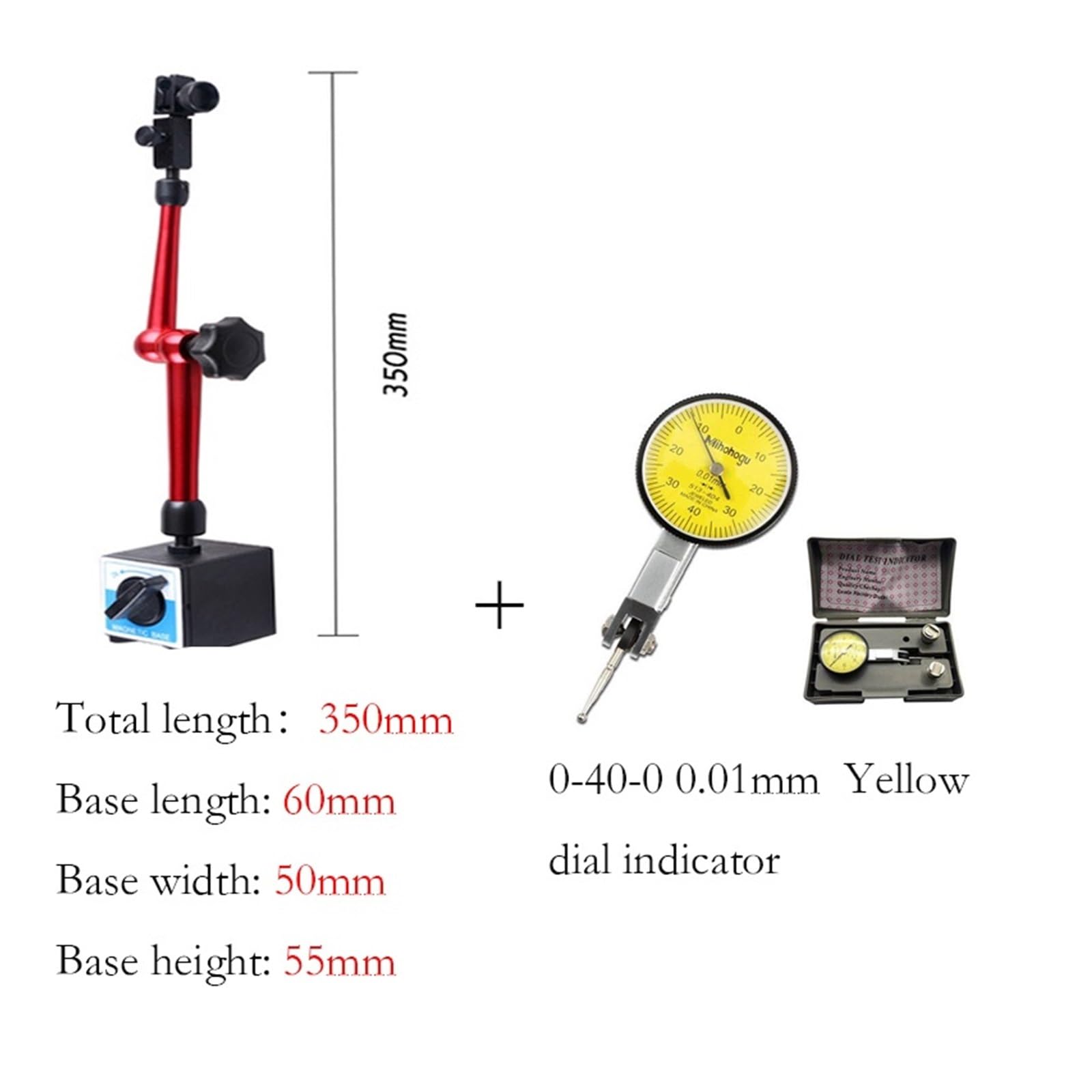 Micrómetro, Indicador de prueba calibre Dial preciso con montaje en rieles cola milano 0-40-0 0,01mm herramientas medición soporte Base magnética Universal(390mm-60-50-55 set)