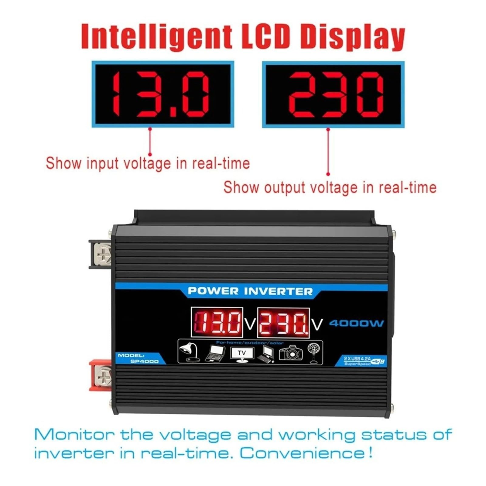 Onduleur Voiture Convertisseur 1600W-4000W 12V À 220V/110V avec Double USB Alimentation Automobile Domestique Onduleur Onde Sinusoïdale pour Convertisseur