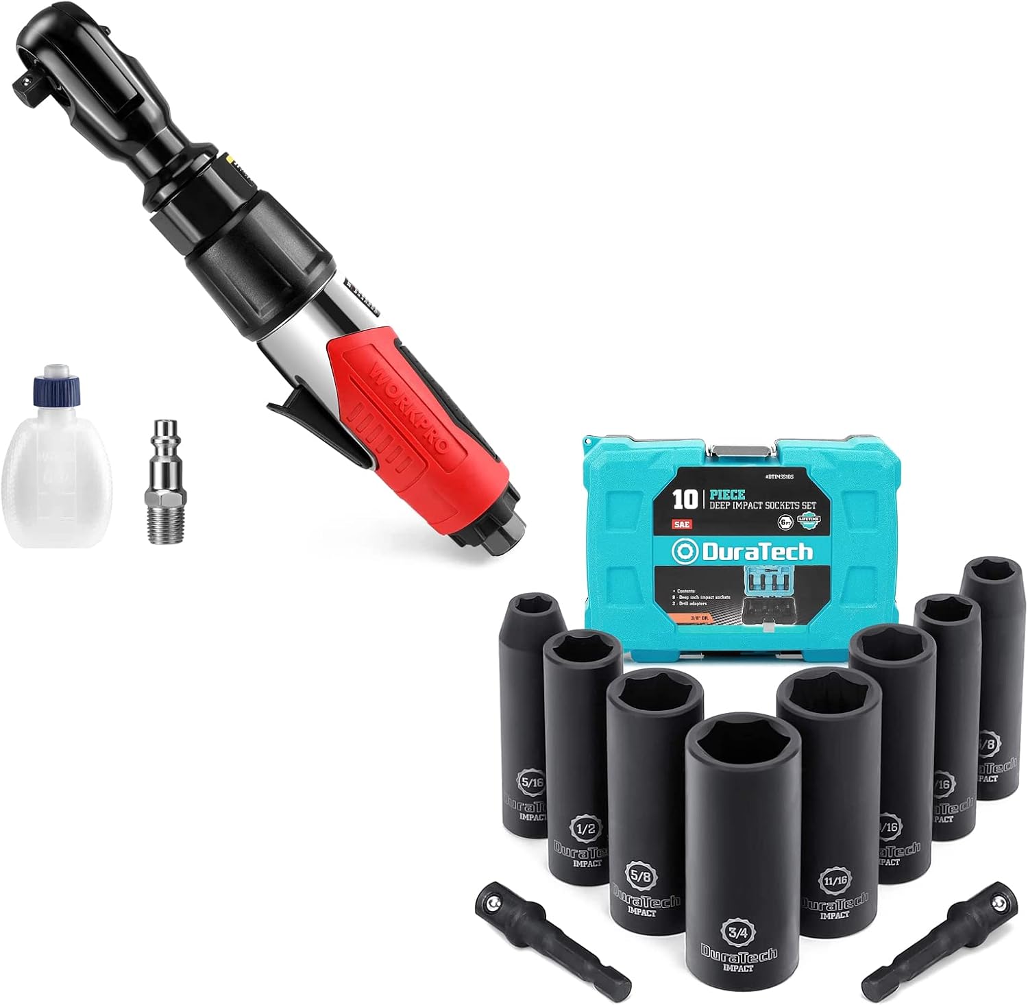 DURATECH 10-Piece 3/8" Drive 6 Point Deep Impact Socket Set & WORKPRO 3/8-Inch Air Ratchet Wrench