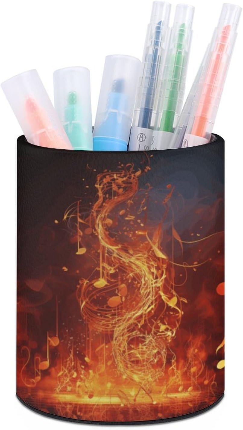 Round Red Flame Music Note Pen Holder for Desk Storage Remote Brush