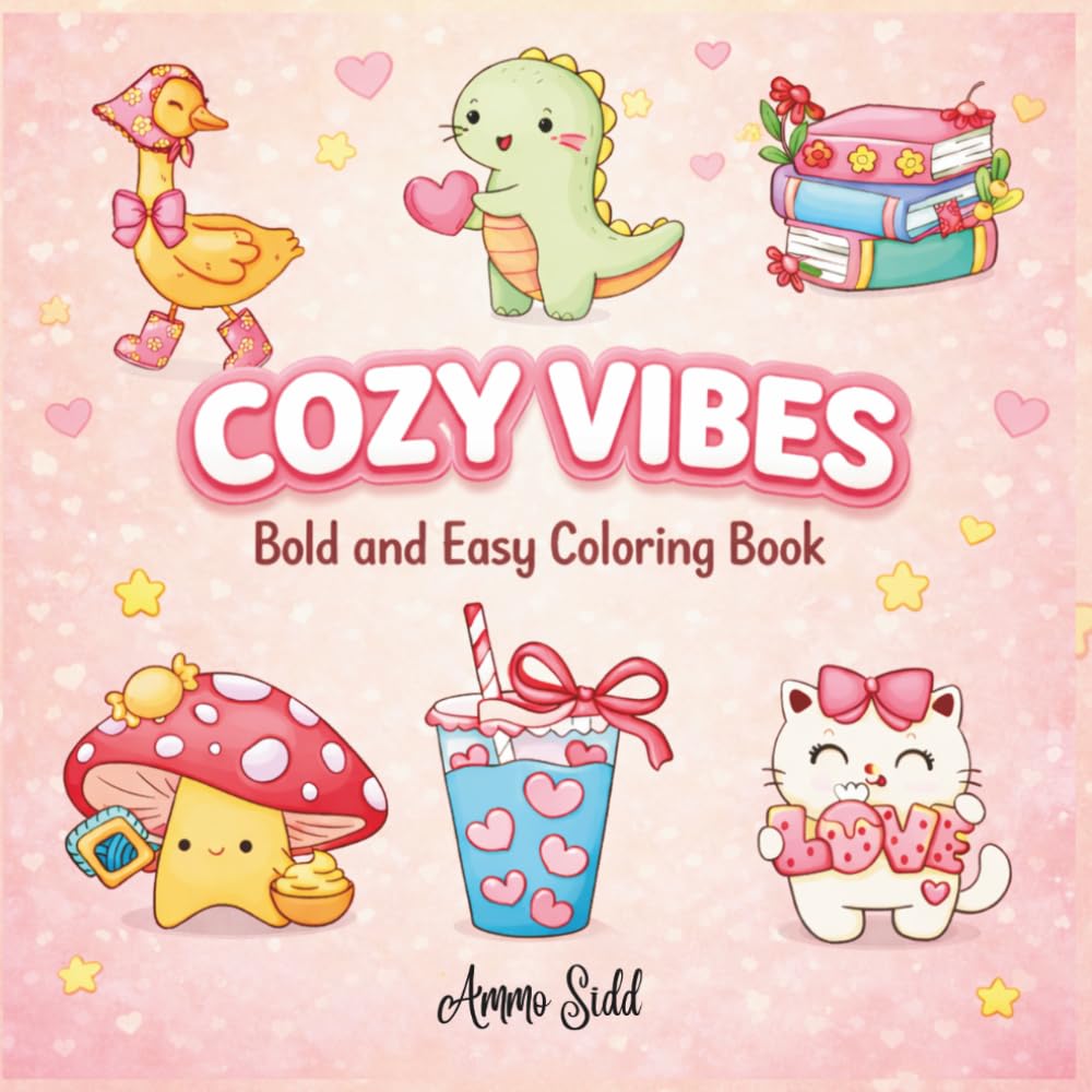 COZY VIBES: Bold and Easy Coloring Book: Cute and Simple Designs for Kids and Adults for Relaxation and Stress Relief
