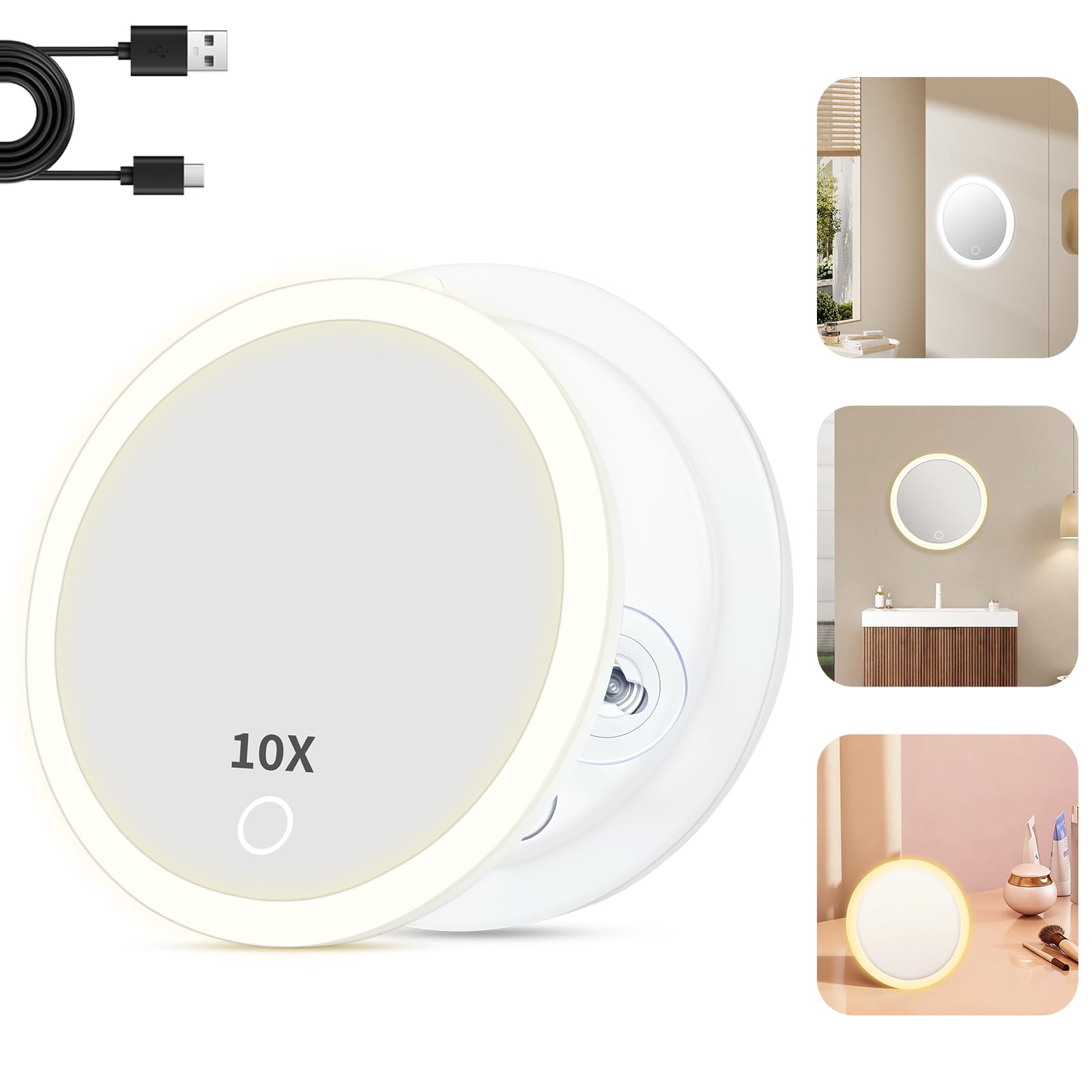 Specchio Ingranditore 10X con Luci, Luminosità Regolabile, Specchio per il Trucco da Parete, Ricaricabile Portatile Specchio, Adatto per Camere da Letto e Bagni