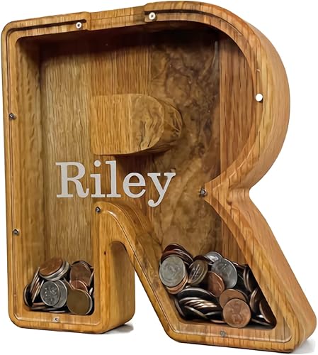 Miniatura 1 de Alcancía de madera con nombre personalizado, alcancía de regalo, nombre grabado con láser, 26 letras en inglés, decoración de bricolaje, regalos