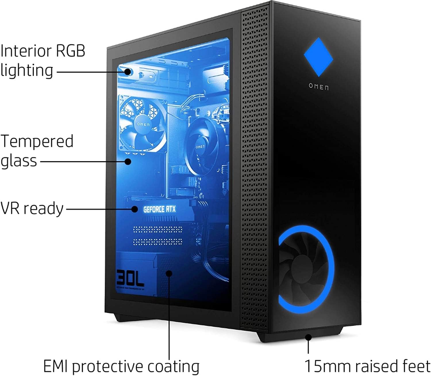 HP Omen 30L Gaming Desktop with side panel removed, showing internal components