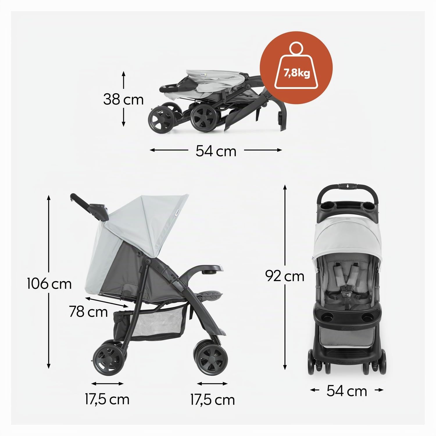 hauck Poussette Canne Compacte Shopper Neo II – dès la Naissance jusqu’à 22 kg, Position Allongée, Pliage Ultra Compact à Une Main, 2 x Plateau avec Porte-Gobelet, Grand Panier XL, Gris