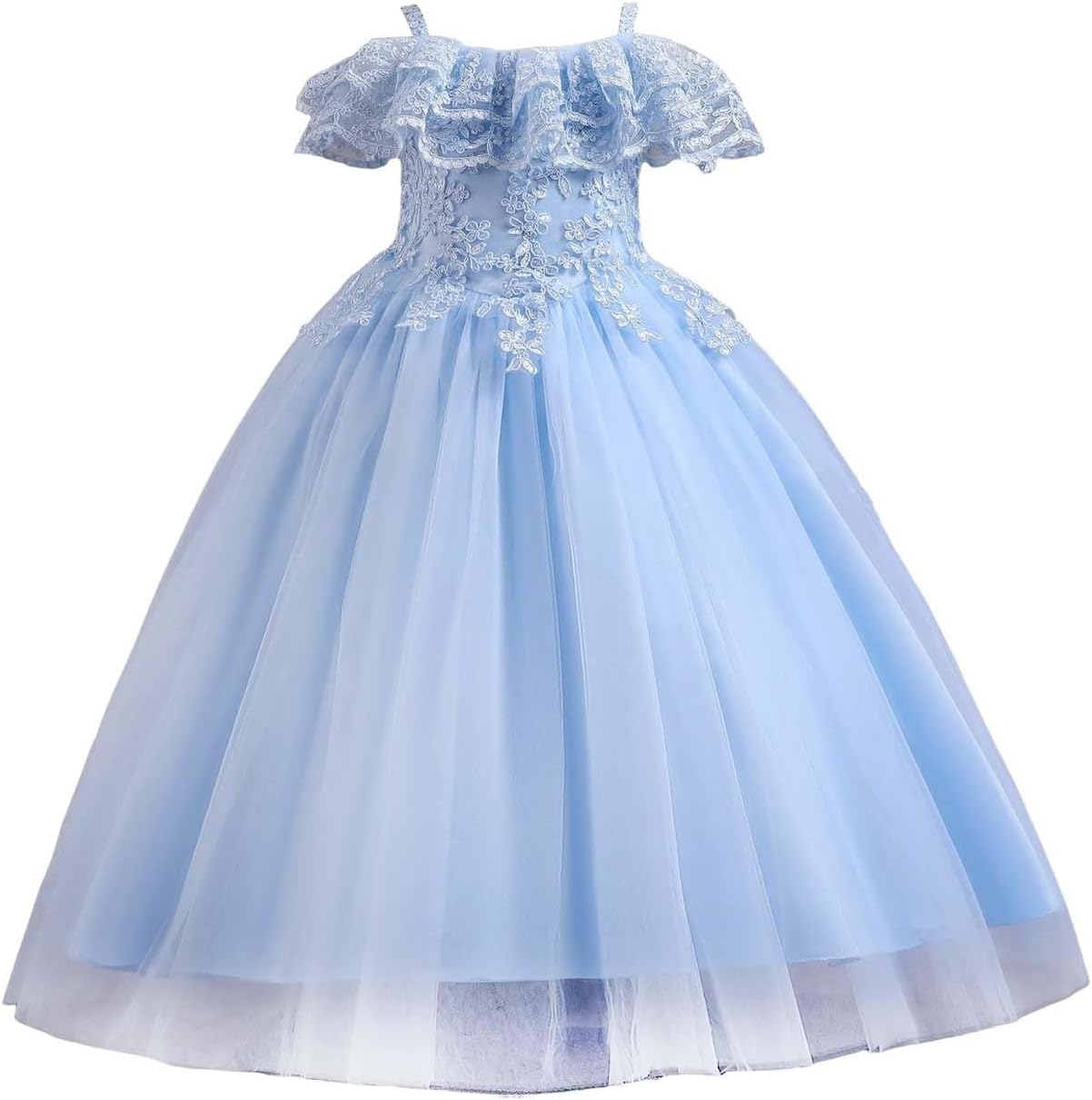 Girls Flower Girl Dress Off Shoulder Flutter Tulle Lace Formal Dress Embroidered Floral Princess Gown for Wedding