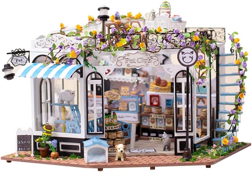 eveseed DIY montado casa de muñecas de madera miniatura club de mascotas con kit de muebles de luz LED