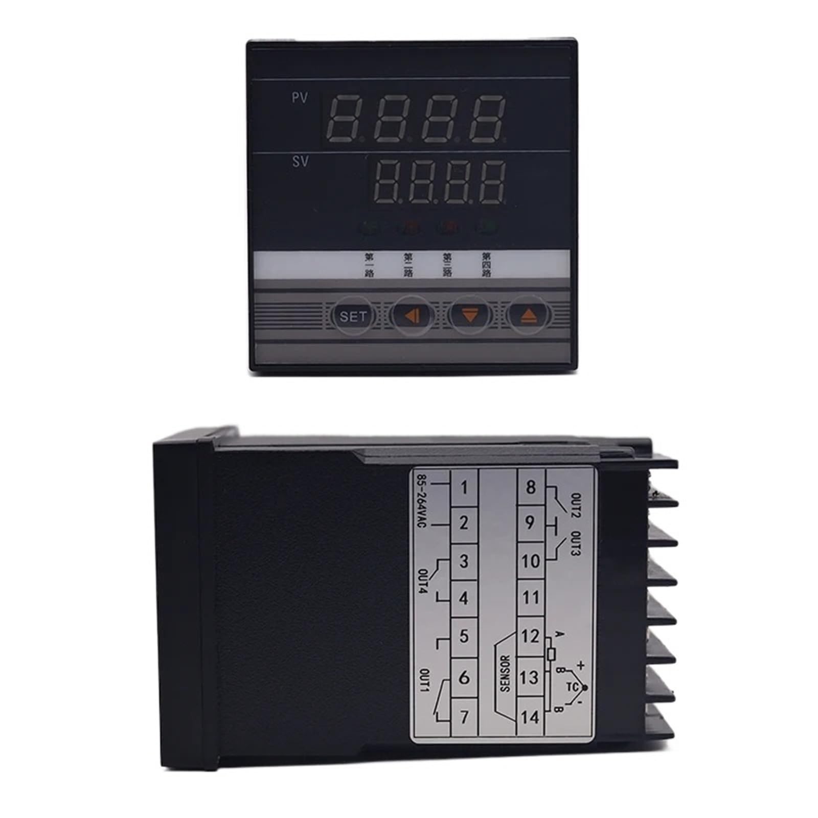 4-stopniowy regulator temperatury, wielofazowy termostat 4-fazowy z 4-drożnym wyjściem przekaźnikowym, można podłączyć do 1 czujnika (72 x 72 mm)