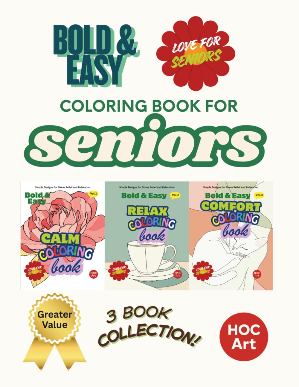 Bold & Easy Coloring Book for Seniors – 3 Books in 1 Bundle Collection: Nature, Peaceful scenery, and Everyday Comfort for Relaxation and Stress Relief
