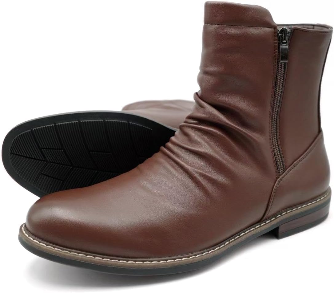 Finishing & Sewing Men's Casual Motorcycle Combat Ankle Boots with Side Zipper and Ruched Design - Image 5