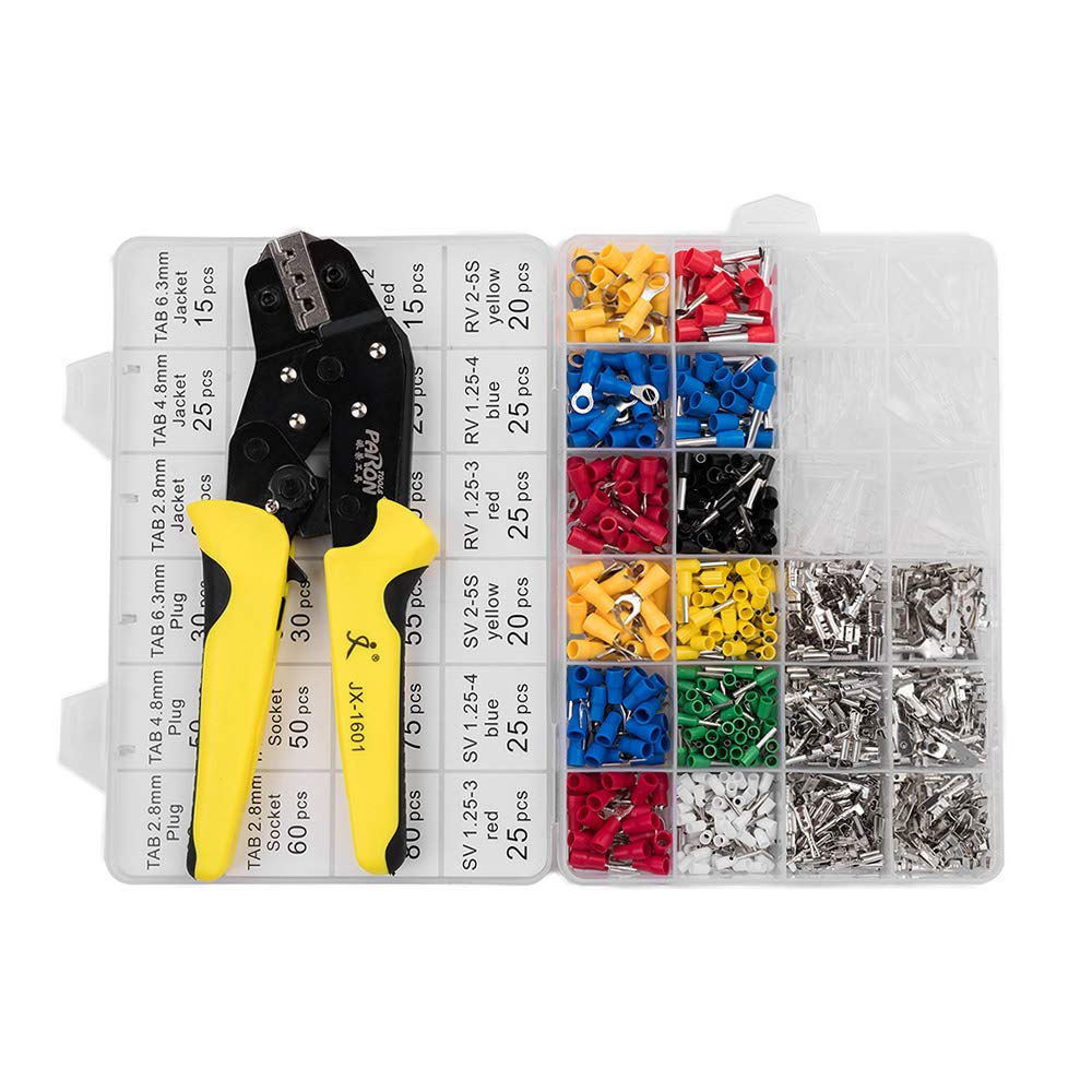 Kit di strumenti per crimpare cavi con ganasce intercambiabili, pinza a cricchetto e 850 terminali isolati 22-10 AWG (0,5-6,0 mm²), borsa per il trasporto organizzata