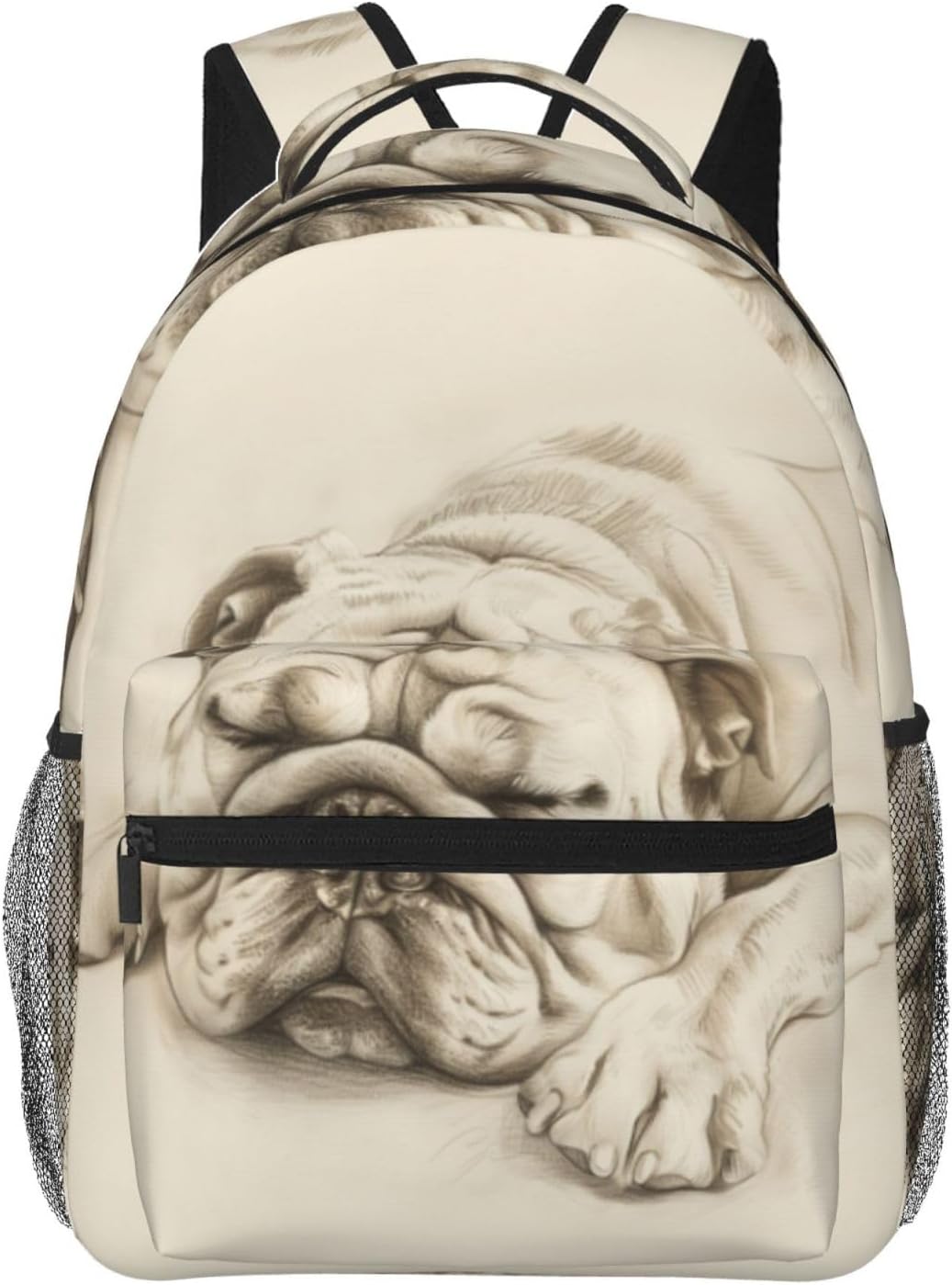 Sleeping Bulldog Sketch Backpack for Travel Work School Sports Gifts, Durable Polyester Lightweight Camping Hiking Artistic Pencil Drawing Dog Backpacks Bookbag for Women Men Girls, 15.7 Inch