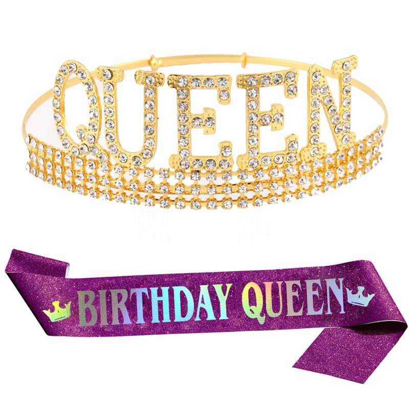 ALRBE TIN Queen Crown Sash Set for Women Birthday Gold Tiara and Purple Sash for Sister Women Girls Birthday Party Favors Decorations for Women