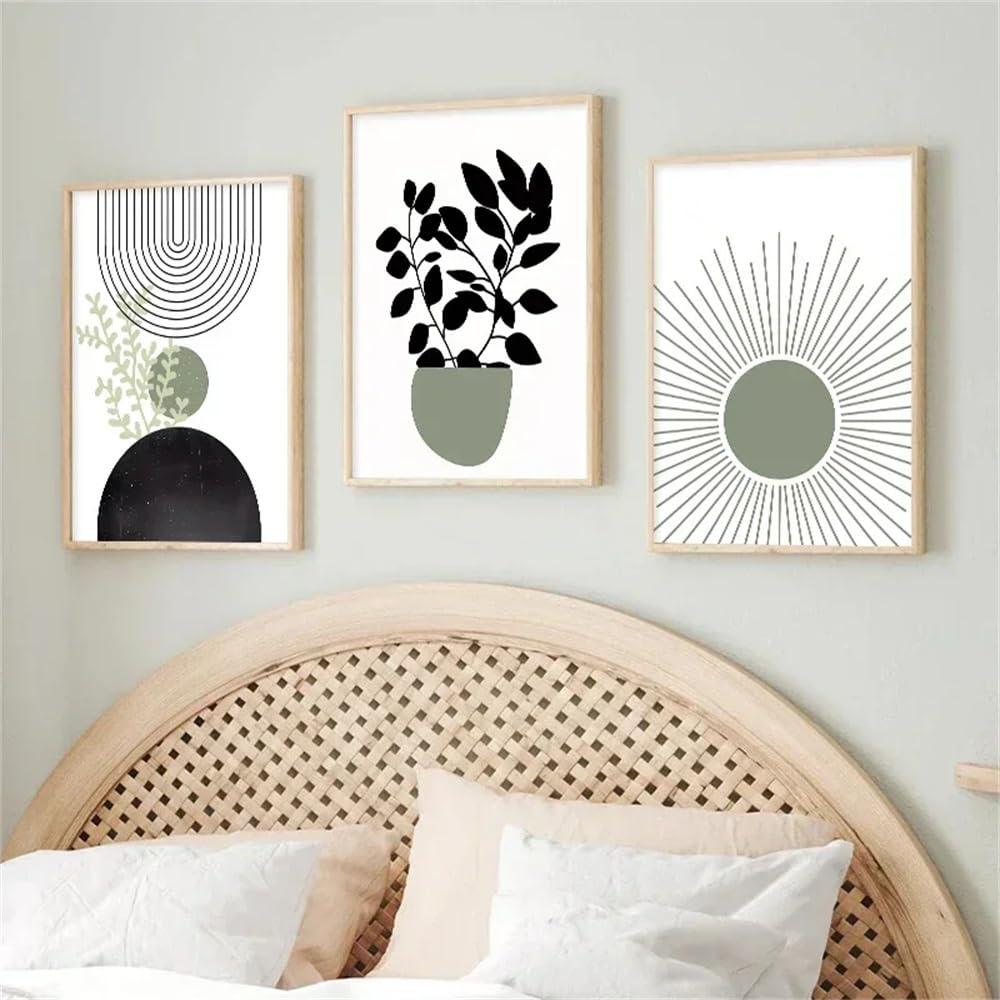 Wuhbcz Green Canvas Paints-Boho Plants Leaf Posters Abstract Geometric Sun Line Wall Art Canvas Painting And Print Pictures Nordic Bedroom Living Room Office Decor-60 * 80Cm/3Pcs (No Frame)