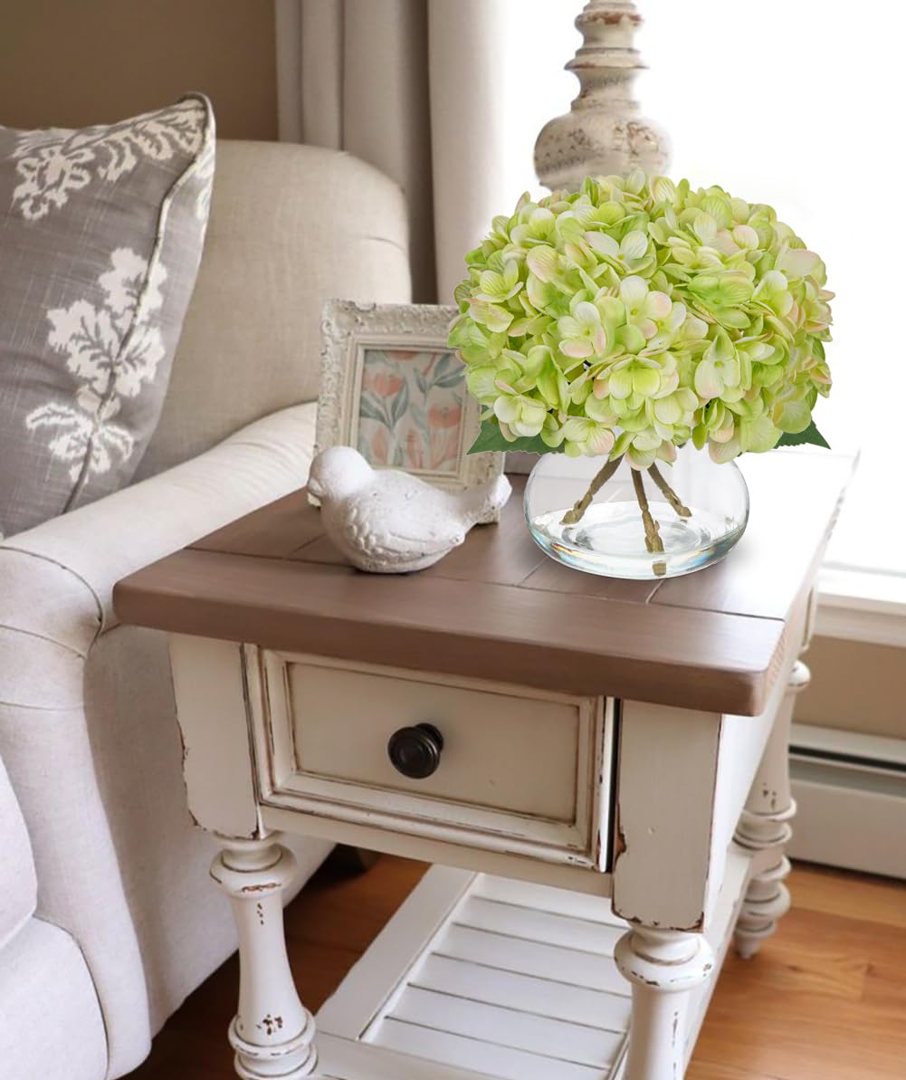 Oairse Hydrangea Artificial Flowers with Glass Vase Green Silk Faux Flowers Arrangements in Vase with Faux Water Fake Floral Bulk Bouquet for Home Decor Wedding Table Centerpiece Spring Decorations - Image 4