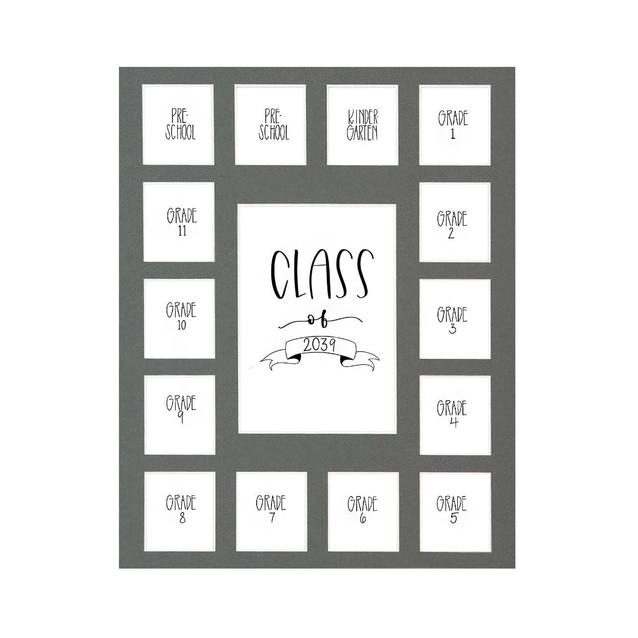 Rustic Red Door Co. Class of 2039 Photo Mat (11" x 14") Photo Collage Picture Frames Mat for School Pictures - No Frame Grey Photo Mat (15 Photos)