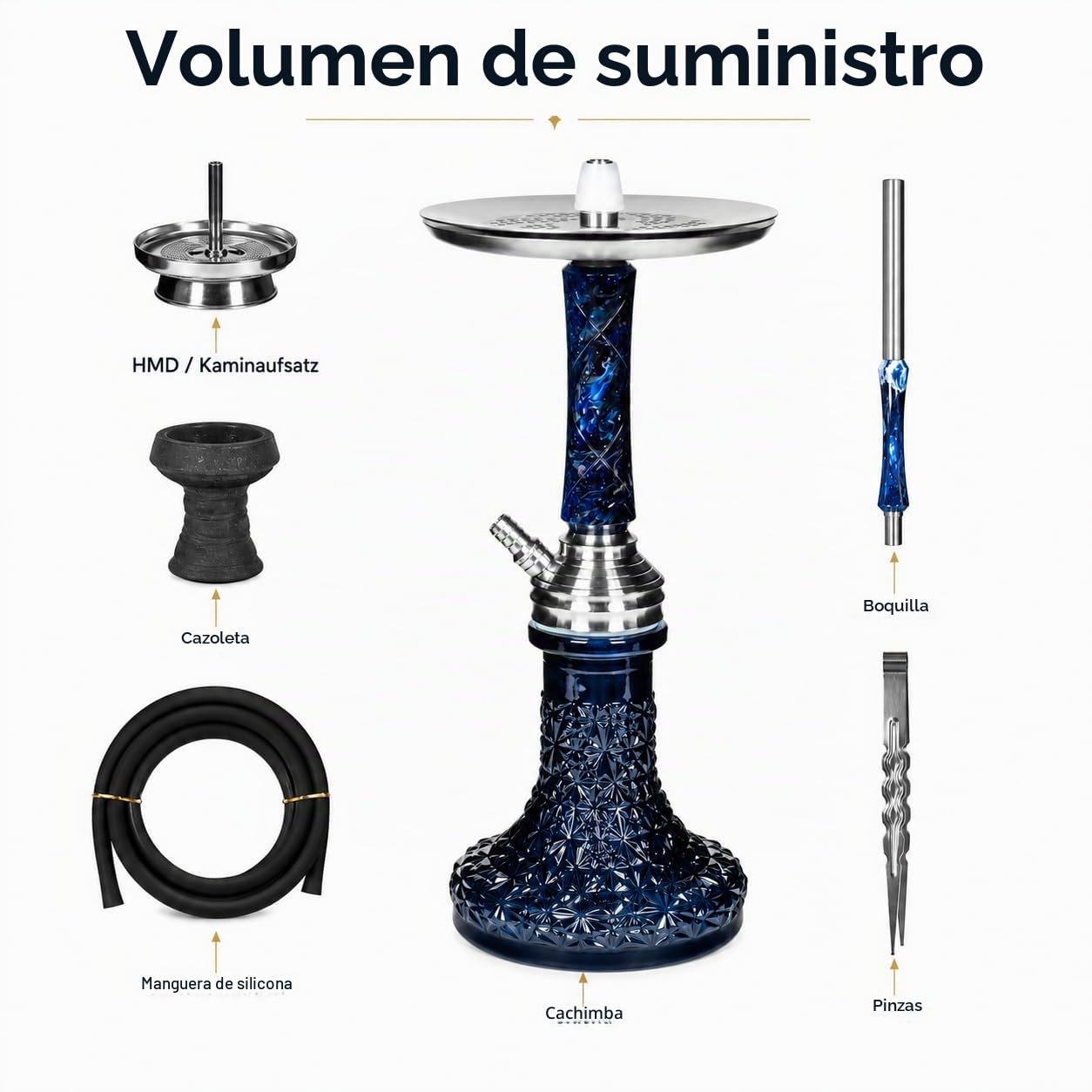 Secret - Juego completo de cachimba epoxi de acero inoxidable con sistema especial de descarga, incluye manguera de 150 cm con boquilla de epoxi y muchos accesorios