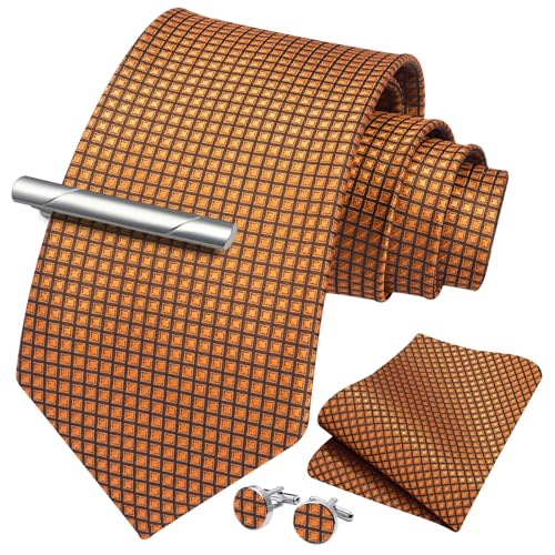 Image of HISDERN Plaid Ties for Men Classic Checkered Tie and Pocket Square Cufflinks Tie Clip Set Woven Men's Necktie Business