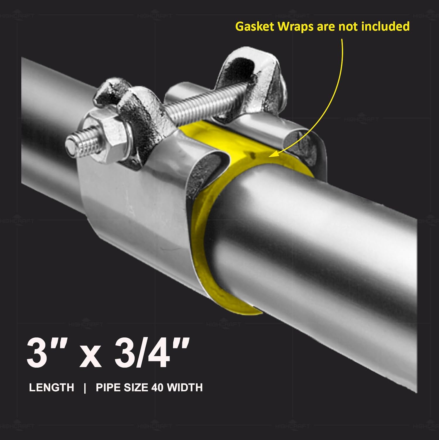 Highcraft Pipe Repair Clamp 3/4'', IPS Single Bolt, 3” Long, Stainless Steel (5 Pack)